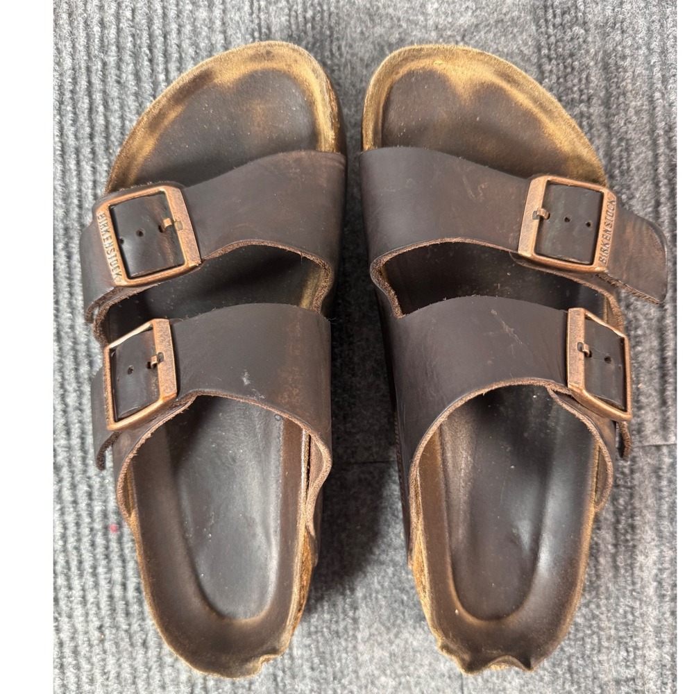 Birkenstock Arizona Dark Brown Leather Two Strap Slide Sandals Women 36